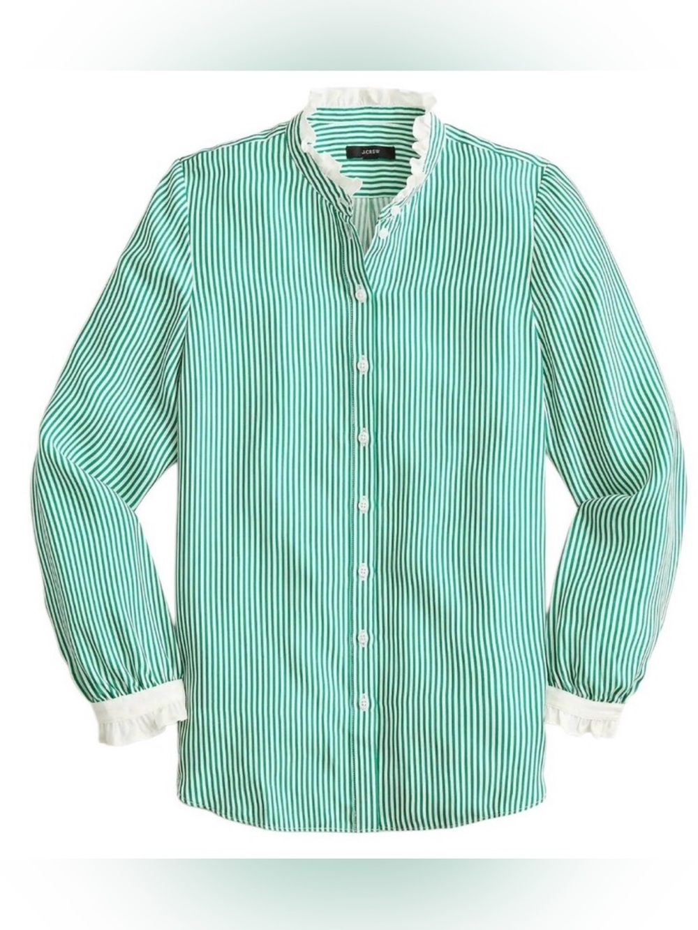 J. Crew Kelly Green & White Striped Cupro Blend Ruffle Trim Button Down Blouse